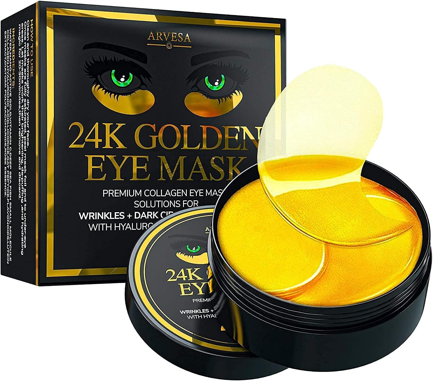 Arvesa Under Eye Mask for Dark Circles and Puffiness, Wrinkles, 24k Gold Under Skincare Treatment Patches for Puffy Eyes with Collagen for Women and Men - Gel Pads - 30 Pairs