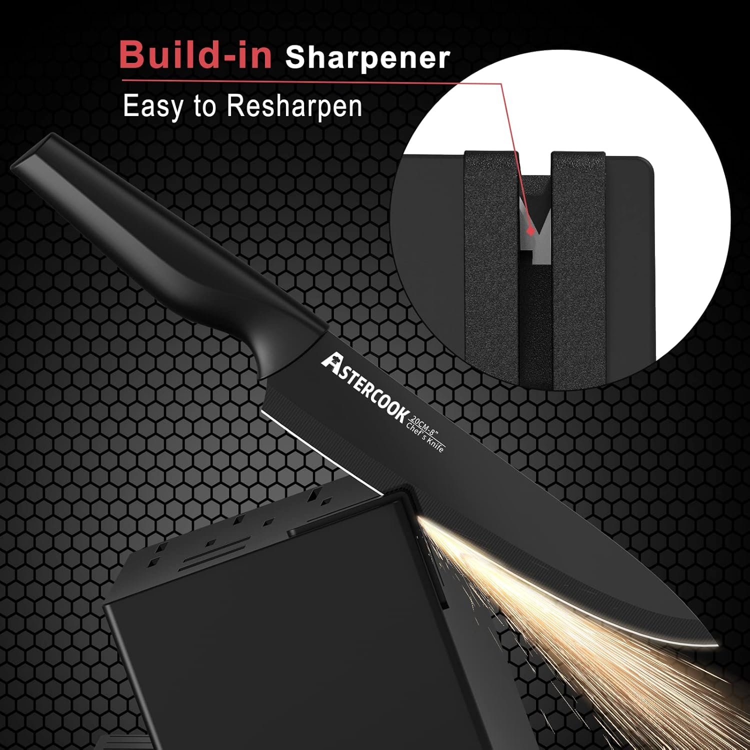 Knife Set, Astercook 21 Pieces Knife Sets for Kitchen with Block, Dishwasher Safe Kitchen Knife Set with Built-in Sharpener, German Stainless Steel Black Knife Block Set - Image 2